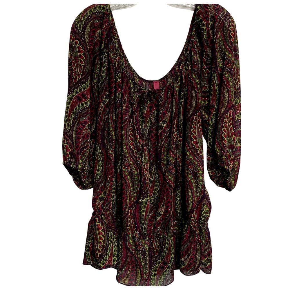 Pure Energy Womens Plus 1X Paisley 1/2 Sleeve Cinched Gathered Flowy Blouse Pink